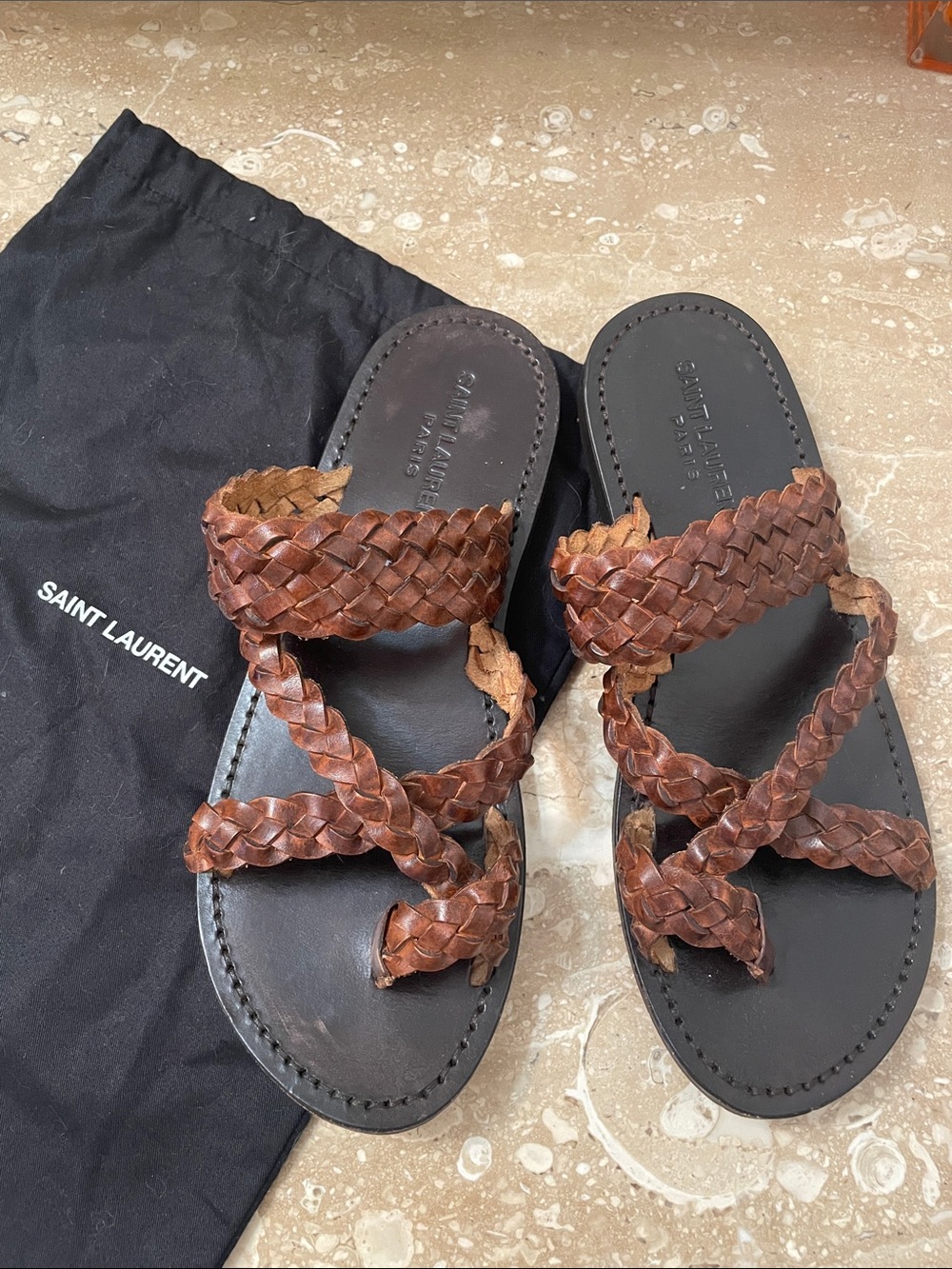 Saint Laurent Brown Braided Leather Slide Sandals with Black Footbed